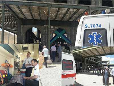 حضور پرسنل اورژانس ۱۱۵ دانشگاه علوم پزشکی شاهرود با شعار " بسیج ملی کنترل فشارخون بالا، بدانیم و اقدام کنیم" در مصلی نماز جمعه شهرستان شاهرود